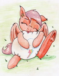 Size: 1851x2378 | Tagged: safe, artist:40kponyguy, derpibooru exclusive, scootaloo, pegasus, pony, cushion, cute, cutealoo, cutie mark, ear fluff, eyes closed, floppy ears, raised hoof, scootalove, solo, spread wings, tongue out, traditional art, underhoof, wings