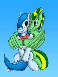 Size: 3024x4032 | Tagged: safe, artist:tacomytaco, oc, oc only, oc:shiver soft, oc:taco.m.tacoson, pegasus, pony, bandana, belly button, chest fluff, cuddling, cute, hug, male, simple background, smiling, winghug, wings