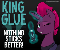 Size: 1024x855 | Tagged: safe, artist:jcosneverexisted, tempest shadow, pony, unicorn, my little pony: the movie, black background, commercial, cute, female, glowing horn, glue, good end, grin, happy, king glue, levitation, magic, mare, one eye closed, poster, simple background, smiling, telekinesis, tempest gets her horn back, tempestbetes, wink