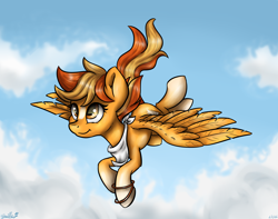 Size: 3390x2675 | Tagged: safe, artist:gaelledragons, oc, oc only, oc:serenity, pegasus, pony, bracelet, cloud, female, flying, jewelry, mare, solo