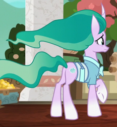 Size: 443x478 | Tagged: safe, screencap, mistmane, pony, campfire tales, clothes, cropped, curved horn, plot, solo