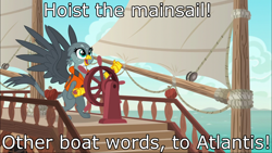 Size: 1920x1080 | Tagged: safe, edit, edited screencap, screencap, gabby, griffon, the fault in our cutie marks, cute, duck tales, duck tales 2017, gabby's shanty, gabbybetes, image macro, lifejacket, meme, ocean, sailing, ship, solo