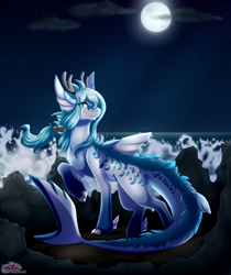 Size: 2600x3100 | Tagged: safe, artist:pinktabico, oc, oc only, oc:cascade, dracony, hybrid, original species, shark pony, commission, female, full moon, looking at you, mare, moon, night, night sky, ocean, raised claw, rock, sky, smiling, solo, starry night, stars, windswept mane