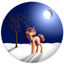 Size: 3559x3607 | Tagged: safe, artist:enghelkitten, oc, oc only, oc:sweet hearts, pony, unicorn, female, high res, mare, moon, night, snow, solo, tree