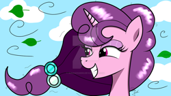 Size: 1024x576 | Tagged: safe, artist:susanzx2000, sugar belle, pony, grin, leaves, smiling, solo, watermark, windswept mane