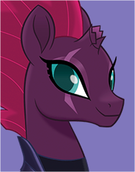 Size: 218x278 | Tagged: safe, tempest shadow, pony, unicorn, my little pony: the movie, broken horn, bust, cute, eye scar, looking at you, official, portrait, pretty, pretty pony, pretty pretty tempest, scar, simple background, smiling, solo, tempestbetes, when she smiles