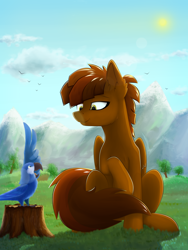 Size: 1500x2000 | Tagged: safe, artist:o0o-bittersweet-o0o, oc, oc only, oc:cocoa drizzle, bird, parrot, pegasus, pony, commission, grass, macaw, male, mountain, sitting, smiling, spix's macaw, sun, ych result