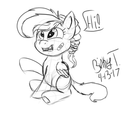 Size: 1024x936 | Tagged: safe, artist:binkyt11, daring do, pegasus, pony, bandage, blank flank, braid, cute, daring dorable, female, filly, gap teeth, headband, medibang paint, missing teeth, monochrome, sketch, solo, speech bubble, waving, younger