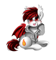 Size: 3550x3809 | Tagged: safe, artist:pridark, oc, oc only, bat pony, pony, bat pony oc, clothes, commission, cute, hoodie, red eyes, silly, silly pony, simple background, sitting, solo, tongue out, transparent background, underhoof