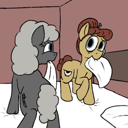 Size: 500x500 | Tagged: safe, artist:thebathwaterhero, oc, oc only, oc:cellophane, oc:nadine, earth pony, pony, series:entrapment, adult, bed, bedroom, cutie mark, female, future, knife, mare, mouth hold, pillow, pillow fight