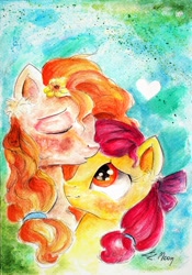 Size: 1024x1460 | Tagged: safe, artist:moonlight-ki, apple bloom, pear butter, pony, the perfect pear, female, kiss on the head, mother and child, mother and daughter, nuzzling, parent and child, signature, traditional art, watercolor painting