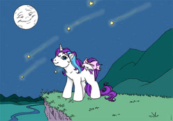 Size: 576x404 | Tagged: safe, artist:foxspotted, glory, unicorn, g1, accessories, blue eyes, cliff, looking up, moon, mountain, mountain range, night, purple hair, ribbon, river, shooting star, smiling, stars, two toned mane