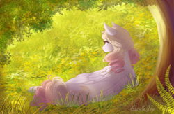 Size: 900x585 | Tagged: safe, artist:gloriajoy, oc, oc only, pegasus, pony, digital art, female, fullbody, grass, mare, solo, tree