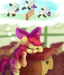 Size: 2000x2359 | Tagged: safe, artist:discorded, apple bloom, sweetie belle, earth pony, lamb, pony, sheep, unicorn, adorabloom, atg 2017, bow, classroom, clothes, costume, counting sheep, cute, desk, dream, female, filly, hair bow, newbie artist training grounds, open mouth, school, sheepie belle, sleeping, sleeping in class, sleeping while sitting, solo, unshorn fetlocks