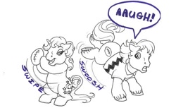 Size: 634x387 | Tagged: safe, artist:foxspotted, moondancer (g1), quarterback, pony, unicorn, g1, aaugh!, clothes, dialogue, female, grayscale, lineart, male, mare, monochrome, partial color, peanuts, speech bubble, stallion, traditional art, underhoof, unshorn fetlocks