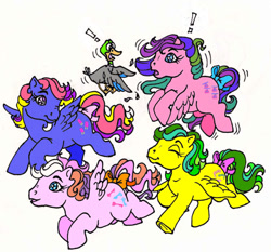 Size: 504x470 | Tagged: safe, artist:foxspotted, locket (g1), masquerade (g1), sweet pop (g1), whizzer, duck, pegasus, twinkle eyed pony, g1, bow, smiling, surprised, tail, tail bow