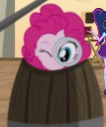 Size: 376x449 | Tagged: safe, screencap, pinkie pie, sci-twi, twilight sparkle, equestria girls, movie magic, spoiler:eqg specials, barrel, cropped, india movie set, magnifying glass