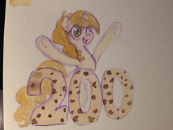 Size: 1136x852 | Tagged: safe, artist:whale, derpibooru exclusive, sweet biscuit, blushing, looking at you, numbers, one eye closed, open mouth, smiling, solo, traditional art, underhoof, watercolor painting, wink