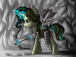 Size: 1400x1050 | Tagged: safe, artist:magicstarfriends, oc, oc only, pony, unicorn, arrow, bow (weapon), bow and arrow, feather, female, levitation, magic, mare, quiver, solo, telekinesis, weapon