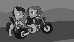 Size: 1280x720 | Tagged: safe, artist:gingermint, artist:icekatze, oc, oc only, oc:danger mcsteele, oc:frolicsome meadowlark, bat pony, pony, sea pony, clothes, egophiliac-ish, moonstuck, motorcycle, style emulation