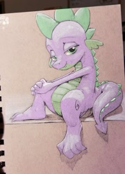 Size: 1280x1775 | Tagged: safe, artist:gsphere, spike, dragon, bedroom eyes, feet, male, photo, sitting, solo, stupid sexy spike, toes, traditional art