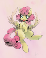 Size: 1500x1918 | Tagged: safe, artist:kuzumori, strawberry sunrise, pegasus, pony, female, flying, food, mare, mouth hold, smiling, solo, strawberry