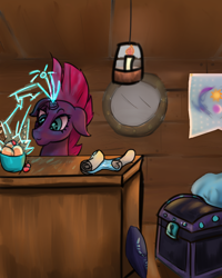 Size: 1200x1500 | Tagged: safe, artist:noradtwo, fizzlepop berrytwist, tempest shadow, unicorn, my little pony: the movie, airship, armor, broken horn, candlelight, electricity, equestrian flag, eye scar, floppy ears, food, ice cream, lightning, root beer float, scar, solo, sparking horn, treasure chest, zeppelin