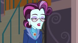 Size: 1100x618 | Tagged: safe, screencap, principal abacus cinch, equestria girls, friendship games, ear piercing, earring, glasses, jewelry, lidded eyes, piercing, solo