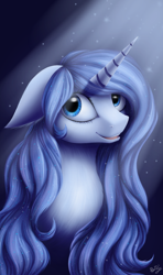 Size: 720x1214 | Tagged: safe, artist:floralfly, oc, oc only, pony, unicorn, bust, crepuscular rays, floppy ears, portrait, smiling, solo