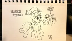 Size: 3771x2121 | Tagged: safe, artist:malwinters, sweetie belle, pony, squid, bowl, dialogue, inktober, magic, open mouth, telekinesis, traditional art