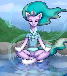 Size: 1024x1152 | Tagged: safe, artist:jessicanyuchi, mistmane, dragon, pony, unicorn, campfire tales, beautiful, clothes, crossed legs, eyes closed, female, floating, hydrokinesis, levitation, magic, magic dragon, mare, meditating, peaceful, pond, reflection, robe, solo, telekinesis, zen