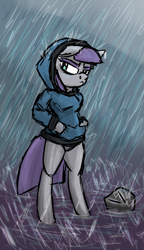 Size: 635x1101 | Tagged: safe, artist:charlemage, artist:jimmyjamno1, maud pie, pony, semi-anthro, bipedal, clothes, coat, hoodie, rain, rock