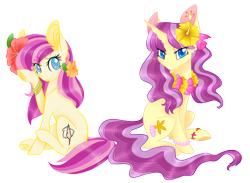 Size: 2050x1500 | Tagged: safe, artist:emypony, oc, oc only, oc:kihei shore, oc:lahaina shore, earth pony, pony, unicorn, accessories, flower, flower in hair, hawaii, hawaiian, hawaiian flower in hair, simple background, transparent background