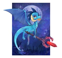 Size: 635x595 | Tagged: safe, artist:sibashen, dragon lord ember, princess ember, dragon, bloodstone scepter, claws, curved horn, dragoness, eye, eyes, female, full moon, horns, magic, moon, red eyes, scales, signature, smiling, solo, staff, stars, tail, wings