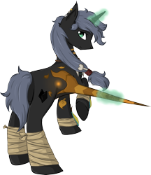 Size: 1542x1787 | Tagged: safe, artist:violentdreamsofmine, oc, oc only, oc:lakritzwuerfel, pony, unicorn, bandage, magic, male, raised hoof, simple background, solo, staff, stallion, transparent background