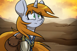 Size: 2269x1500 | Tagged: dead source, safe, artist:kez, oc, oc only, oc:littlepip, pony, unicorn, fallout equestria, clothes, fanfic, fanfic art, female, horn, mare, saddle bag, solo, vault suit, wasteland