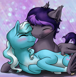 Size: 1024x1051 | Tagged: safe, artist:cloud-dash, oc, oc only, oc:cloud dash, oc:luminescence, bat pony, pony, female, male, mare, nuzzling, prone, straight