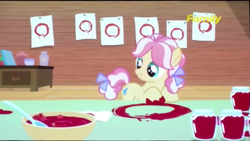 Size: 1233x693 | Tagged: safe, screencap, kettle corn, earth pony, pony, marks and recreation, circle painting, discovery family logo, female, filly, foal, food, low quality, solo, strawberry jam