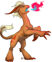 Size: 1280x1519 | Tagged: safe, artist:kez, oc, oc only, oc:orobas, dracony, dragon, hybrid, bipedal, claws, fire, fire breath, horns, male, rearing, simple background, solo, transparent background