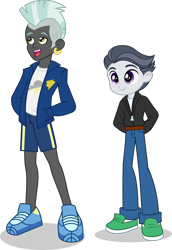 Size: 1009x1464 | Tagged: safe, artist:punzil504, rumble, thunderlane, equestria girls, brothers, clothes, duo, ear piercing, equestria girls-ified, jacket, open mouth, pants, piercing, shoes, shorts, simple background, smiling, sneakers, sweater, transparent background