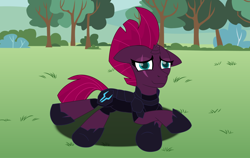 Size: 2360x1491 | Tagged: safe, artist:ejlightning007arts, tempest shadow, pony, unicorn, my little pony: the movie, broken horn, cute, eye scar, female, mare, prone, scar, solo