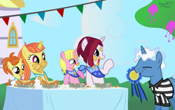 Size: 5060x3186 | Tagged: safe, artist:ironm17, cayenne, citrus blush, indian summer, pokey pierce, raspberry cream, pony, unicorn, sisterhooves social, bandana, canterlot, clothes, eating contest, female, food, grin, happy, headcanon, pie, polo shirt, shirt, sisters, smiling, t-shirt