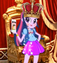 Size: 491x541 | Tagged: safe, artist:mrdeloop, fluttershy, twilight sparkle, equestria girls, alternate universe, crown, day of the flutter, eqg promo pose set, equestria girls: the parody series, fashion disaster, iphone, jewelry, lipstick, makeup, queen, regalia, sunglasses, throne, twoiloight spahkle