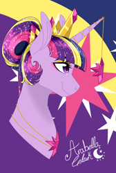 Size: 1440x2145 | Tagged: safe, artist:djspark3, twilight sparkle, twilight sparkle (alicorn), alicorn, pony, alternate hairstyle, bust, cutie mark background, eyeshadow, hair bun, horn jewelry, jewelry, makeup, necklace, portrait, regalia, signature, smiling, solo