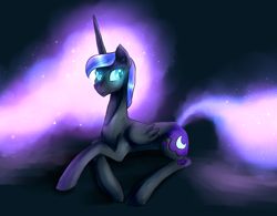 Size: 1744x1360 | Tagged: safe, artist:not-ordinary-pony, nightmare moon, alicorn, pony, female, glowing eyes, looking back, mare, missing accessory, prone, solo