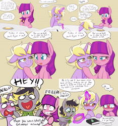 Size: 3000x3200 | Tagged: safe, artist:jake heritagu, dinky hooves, lily longsocks, oc, oc:aero, earth pony, pegasus, pony, unicorn, comic:ask motherly scootaloo, blushing, book, clothes, colt, comic, danish, derp, dialogue, dinkily, facedesk, female, food, interrupted, lesbian, lidded eyes, looking at each other, male, offspring, older, older dinky hooves, older lily longsocks, open mouth, paper, parent:derpy hooves, parent:oc:warden, parents:canon x oc, parents:warderp, pastry, pencil, scarf, shipping, simple background, smiling, sugarcube corner, table, yellow background