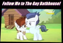 Size: 1094x747 | Tagged: safe, edit, screencap, pipsqueak, rumble, pegasus, pony, marks and recreation, colt, foal romance, follow me to the gay bath house, gay, image macro, male, meme