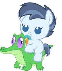 Size: 886x1017 | Tagged: safe, artist:red4567, gummy, shady daze, pony, baby, baby pony, cute, pacifier, ponies riding gators, riding