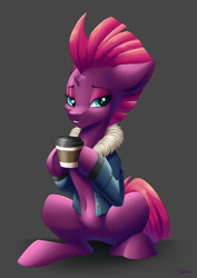 Size: 2894x4093 | Tagged: safe, artist:faline-art, fizzlepop berrytwist, tempest shadow, pony, my little pony: the movie, belly button, bottomless, broken horn, clothes, coffee, cute, eye scar, female, floppy ears, gray background, hoof hold, jacket, lidded eyes, mare, partial nudity, scar, simple background, sitting, smiling, solo, tempestbetes