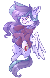 Size: 400x615 | Tagged: safe, artist:emily-826, oc, oc only, oc:yellow light, pegasus, pony, clothes, ear fluff, female, floating, happy, mare, one eye closed, open mouth, simple background, solo, spread wings, sweater, transparent background, wings, wink